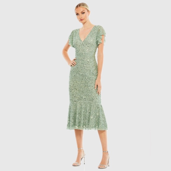 Mac Duggal Dress Womens 12 Sage Green Sequin Flutter Sleeve Midi V Neck 10801 - Picture 1 of 16